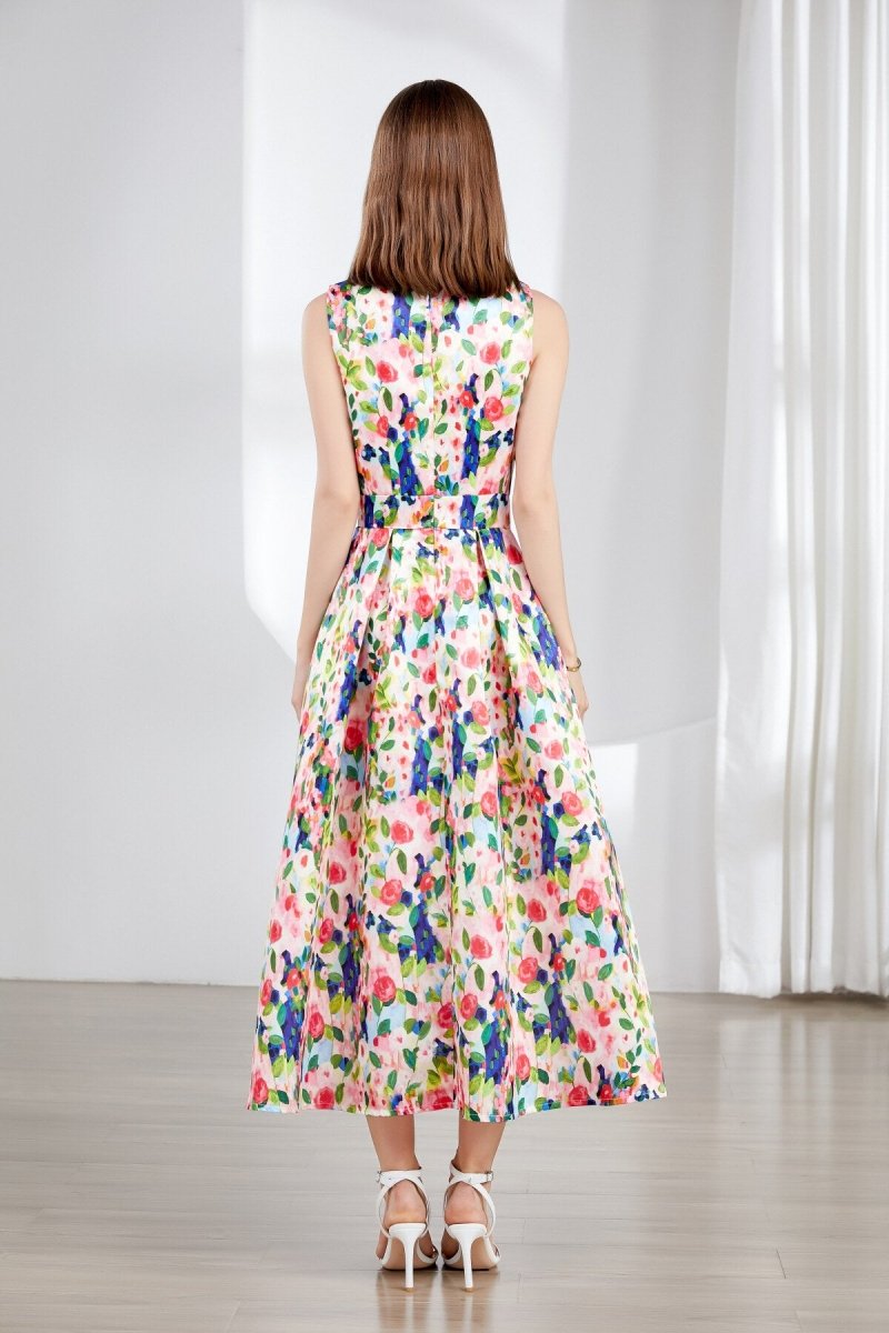 Vestido midi floral sin mangas con escote barco y falda acampanada