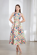 Vestido midi floral sin mangas con escote barco y falda acampanada
