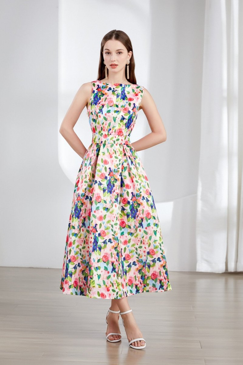 Vestido midi floral sin mangas con escote barco y falda acampanada