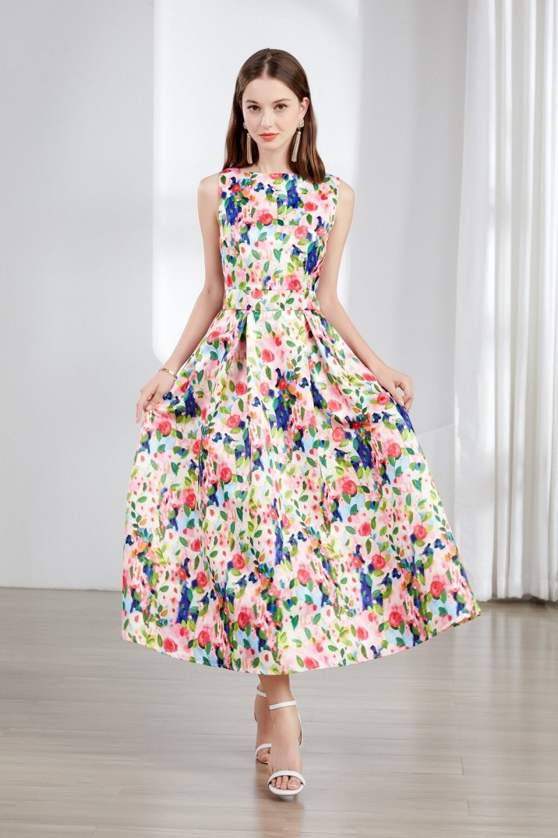 Vestido midi floral sin mangas con escote barco y falda acampanada