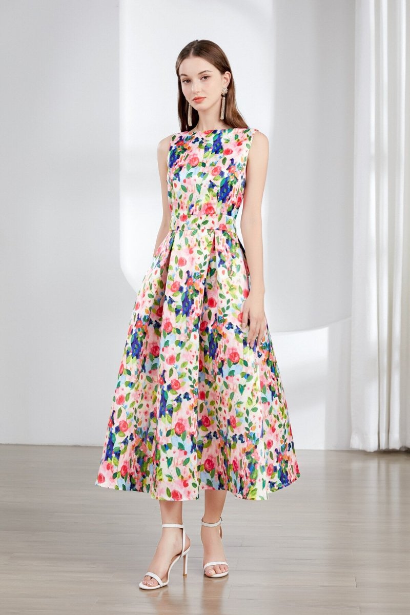 Vestido midi floral sin mangas con escote barco y falda acampanada