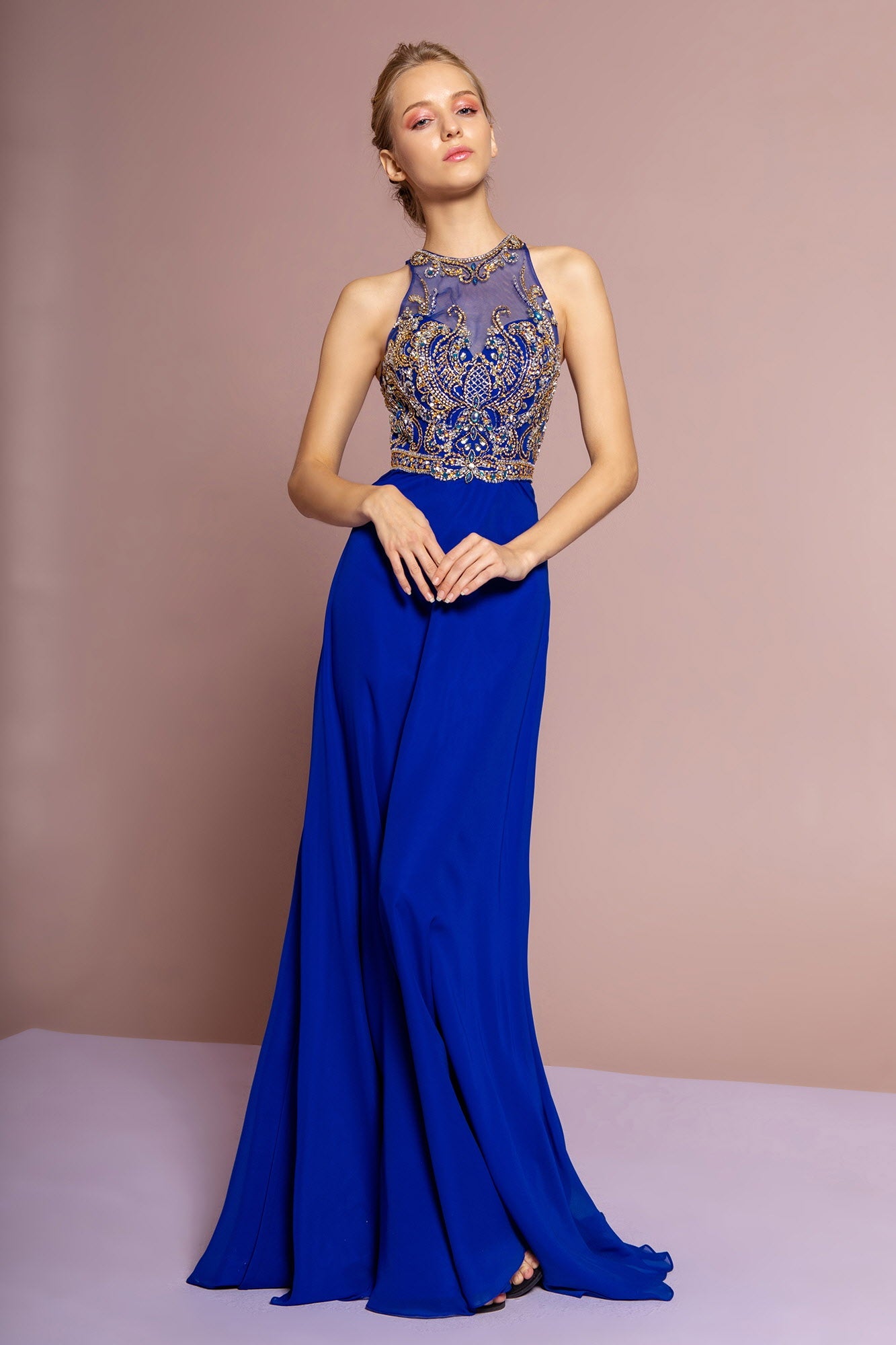 Vestido largo con pedreria y cuentas - Espalda Descubierta