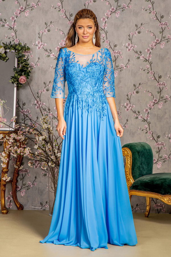 Vestido largo de gasa con bordado de cuentas, escote transparente y espalda en V