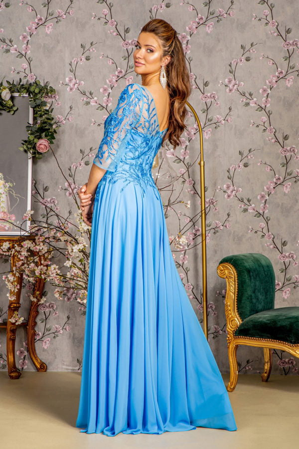 Vestido largo de gasa con bordado de cuentas, escote transparente y espalda en V
